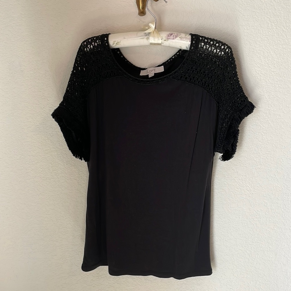 Black Loft top with fun crochet shoulder detail